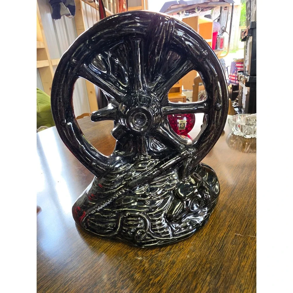 Vintage Black Ceramic Wagon Wheel Planter Vase Western Farmhouse Decor 7 Inch